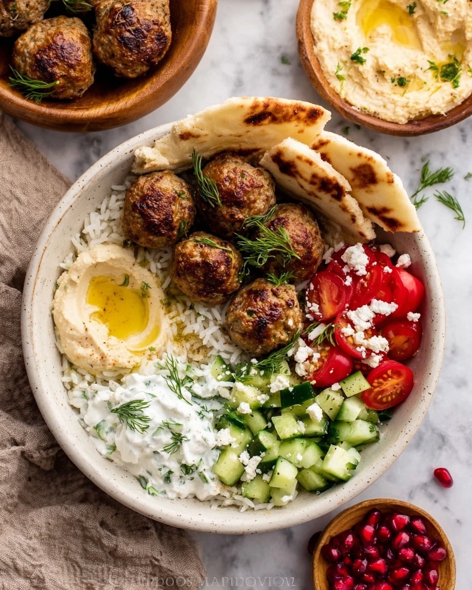 Gyro Bowls with Meatballs, Tzatziki, Lemon Rice, and Cucumber Salad Recipe