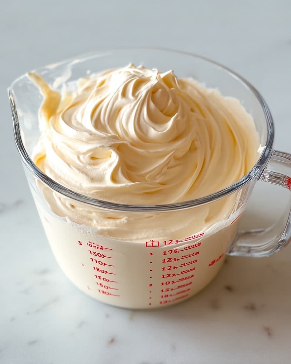 A clear glass measuring cup filled with smooth, thick whipped cream with a light beige color. The whipped cream has soft folds and swirls on the top surface, showing a creamy and airy texture. The measuring cup is placed on a white marbled surface. The red measurement markings rise up to 4 cups on the side of the cup. Photo taken with an iphone --ar 4:5 --v 7