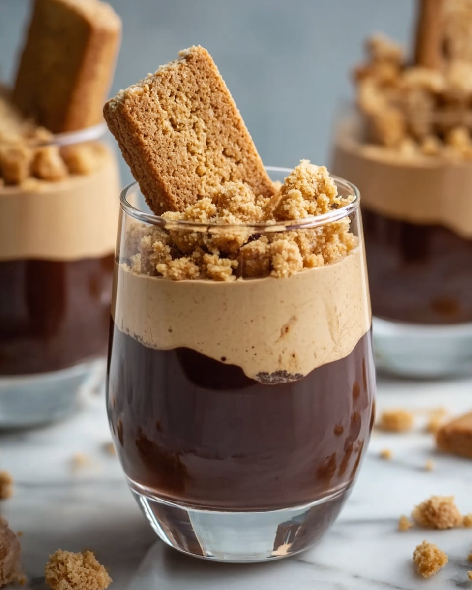 The image shows a clear glass filled with two layers: the bottom layer is a thick, dark chocolate with a smooth texture, and the top layer is a light tan, fluffy mousse. On top of the mousse, there is a large rectangular crumbly biscuit placed upright, with smaller crumb pieces scattered around it. The glass is set on a white marbled surface with more similar glasses slightly blurred in the background, all showing the same layered dessert. Photo taken with an iphone --ar 4:5 --v 7