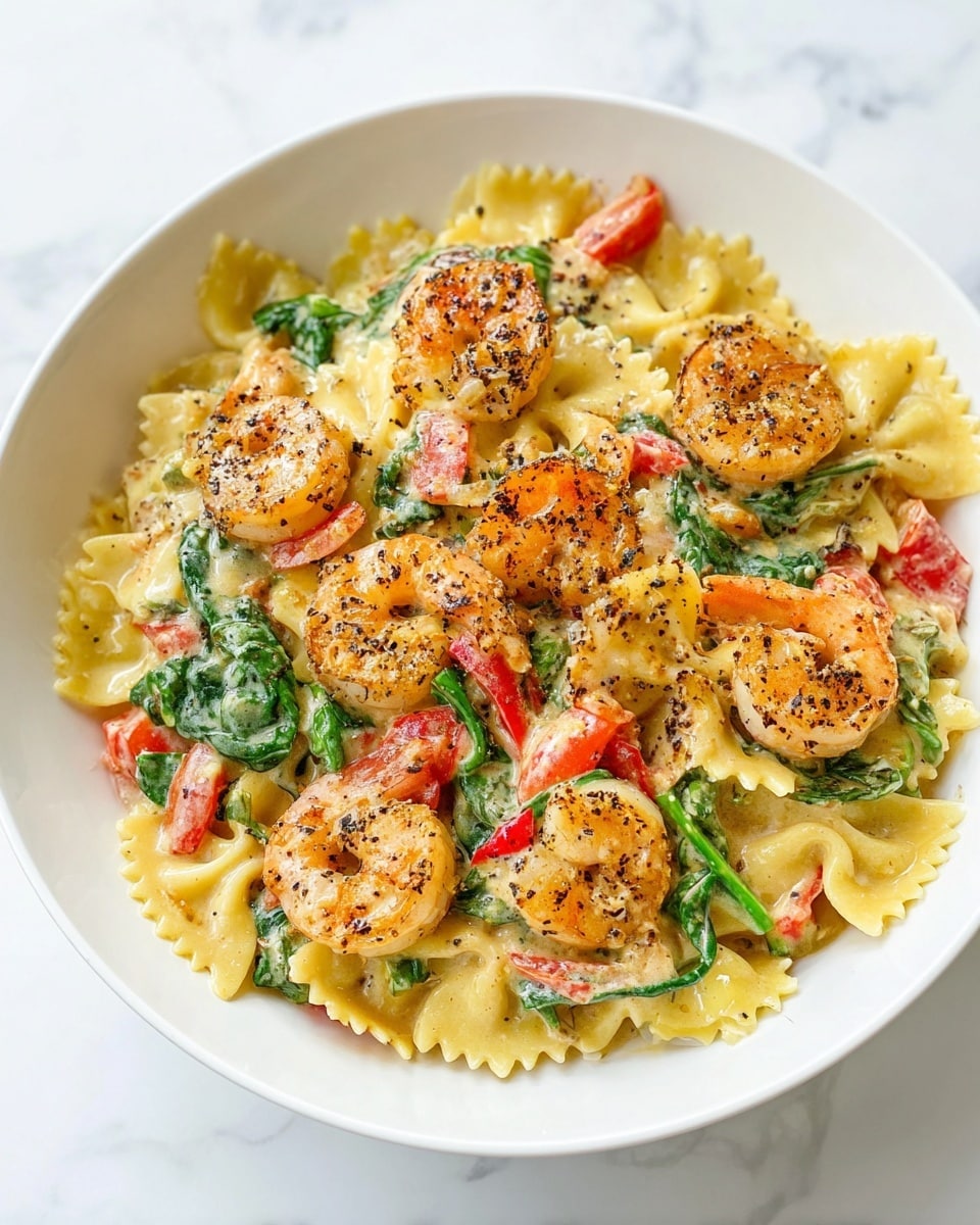 The dish is a creamy pasta served in a white bowl on a white marbled surface. It has three main layers: the base layer is light yellow bow-tie pasta with a soft, smooth texture; the middle layer includes bright green spinach leaves and small red tomato pieces scattered throughout; the top layer features orange shrimp seasoned with black herbs, creating a slightly crispy look. All the ingredients are mixed well with a creamy sauce that coats the pasta and vegetables evenly, giving a rich and colorful appearance, photo taken with an iphone --ar 4:5 --v 7