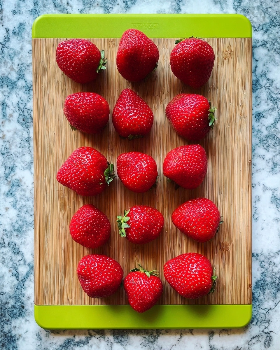 A wooden cutting board with a lime green edge on the bottom holds fourteen whole bright red strawberries, each shiny and fresh with visible seeds. The cutting board rests on a white marbled background with a blue and gray pattern. The strawberries are spread out evenly across the board, showing their smooth texture and vibrant color. photo taken with an iphone --ar 4:5 --v 7