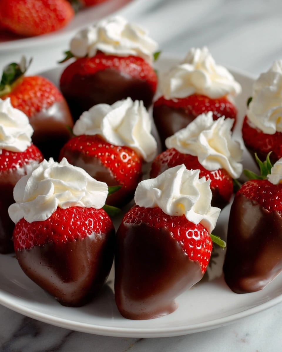 The image shows a white plate filled with several strawberries dipped in smooth brown chocolate on their lower half. Each strawberry is topped with a swirl of white cream that looks soft and fluffy. The bright red strawberries have a shiny, fresh texture, and the chocolate coating looks thick and even. The plate is placed on a white marbled surface that adds a clean and bright background to the image. The strawberries are arranged close together, making the scene look full and inviting. photo taken with an iphone --ar 4:5 --v 7