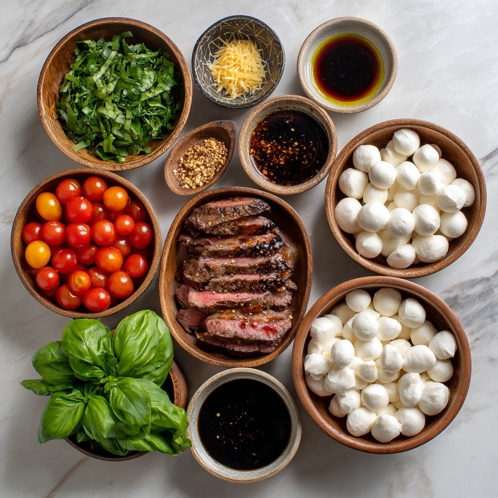 The image shows a white plate on a white marbled surface. On the plate, there are several slices of cooked meat arranged in a semi-circle, each slice showing a dark brown grilled outside and a pink inside. Next to the meat, there is a layer of small red cherry tomatoes and white mozzarella balls, mixed with chopped green basil leaves. A dark sauce is drizzled over the meat and some parts of the plate. The glossy texture of the sauce contrasts with the matte look of the meat, tomatoes, and cheese. photo taken with an iphone --ar 4:5 --v 7
