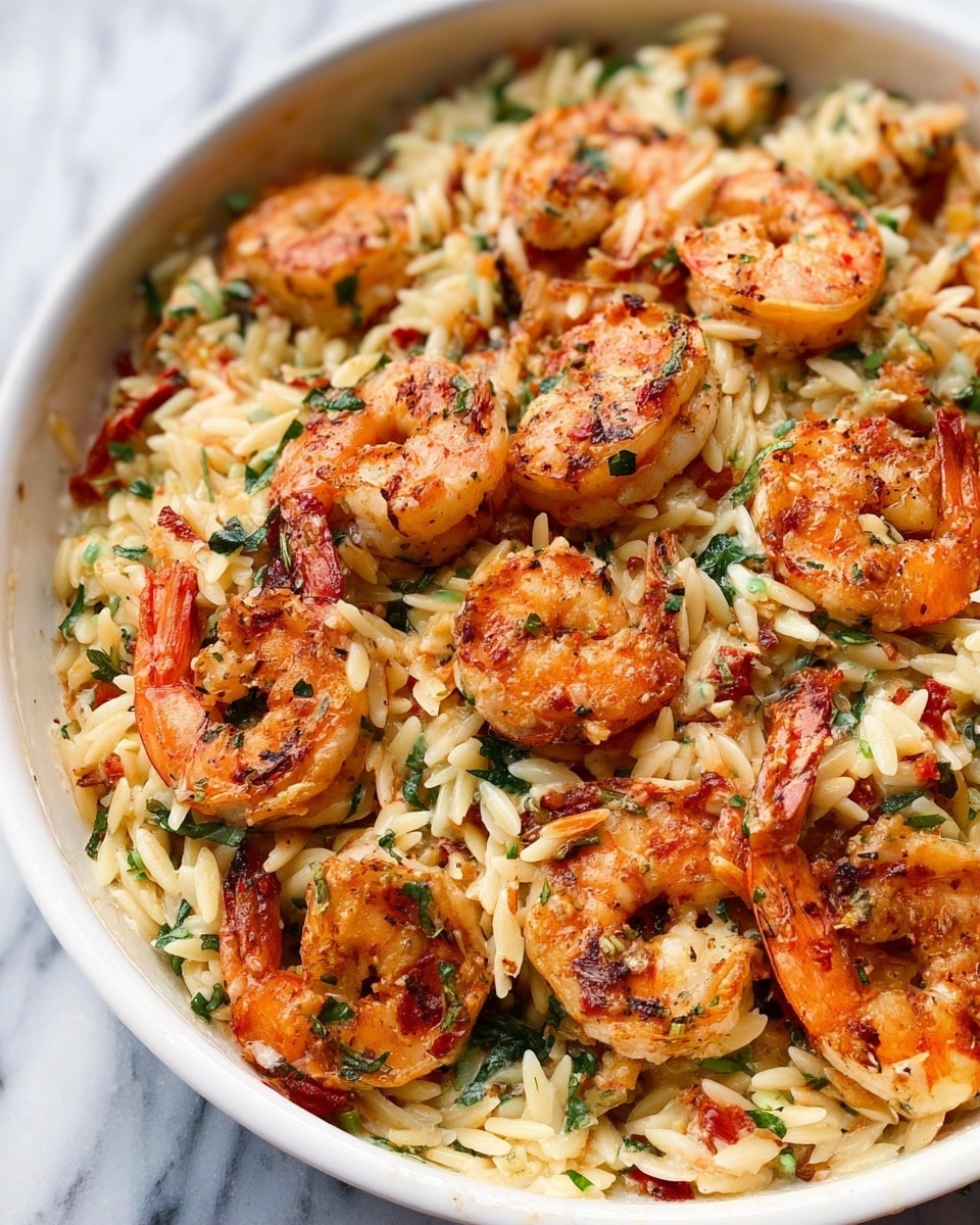 A white bowl filled with cooked orzo pasta mixed with cooked shrimp. The shrimp are orange with light charring and sprinkled with green herbs. The orzo is creamy white and mixed with small bits of red pepper and greens. The dish looks warm and freshly cooked, with the shrimp placed evenly across the pasta. The background is a white marbled surface. Photo taken with an iphone --ar 4:5 --v 7