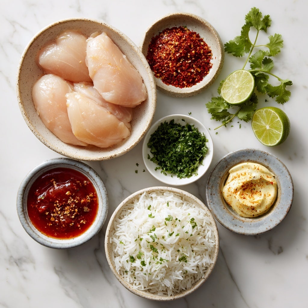 A white bowl with a layer of white rice at the bottom holds two grilled pieces of orange-brown chicken with dark grill marks on top. The chicken is covered in a creamy light orange sauce with small green herb pieces. Bright green cilantro leaves are scattered on the chicken and rice. Two lime wedges sit on the right side on top of the rice. The bowl is placed on a white marbled surface. Photo taken with an iphone --ar 4:5 --v 7
