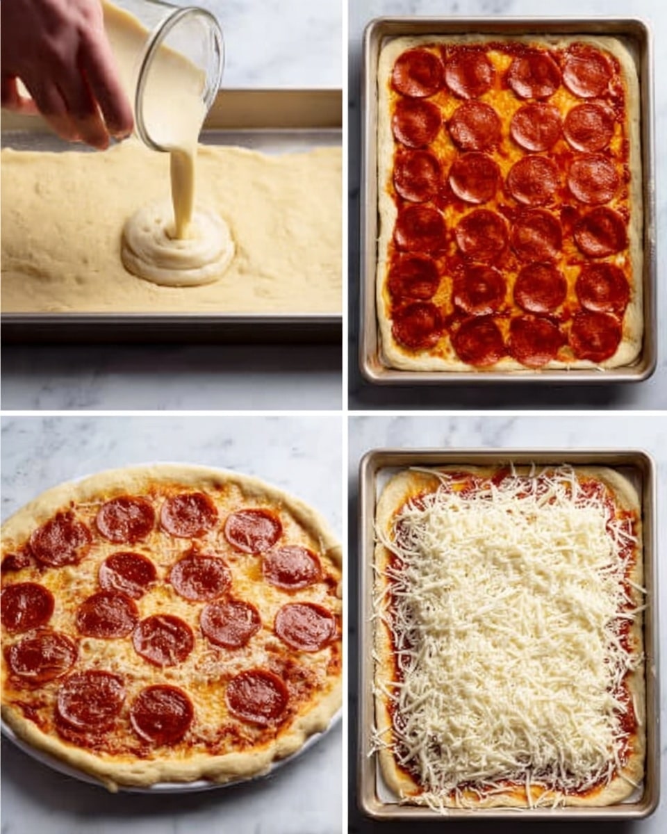 The image shows four stages of making a pepperoni pizza on a white marbled surface. The first part shows a woman's hand pouring light beige pizza dough onto a baking tray. The second part shows a white baking tray fully covered with a layer of bright red pepperoni slices. The third part shows a cooked pizza with a golden brown crust and melted red tomato sauce with pepperoni slightly visible underneath. The final part shows the cooked pizza topped with a thick, even layer of shredded white cheese. Photo taken with an iphone --ar 4:5 --v 7