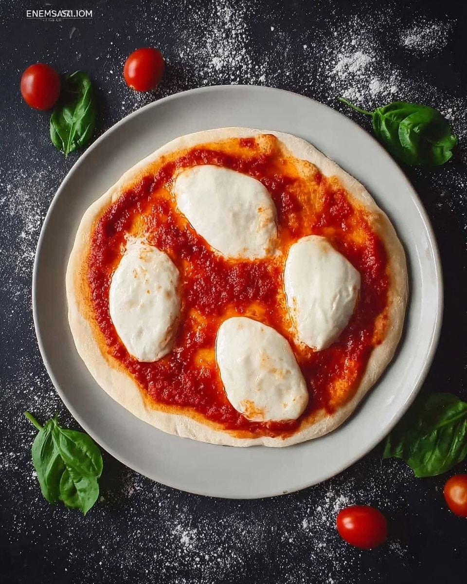 A round pizza base with a smooth, light cream dough layer forms the bottom. Spread on top is a bright red tomato sauce, covering most of the dough but leaving a small border around the edges. On the sauce, there are four oval slices of white mozzarella cheese spaced evenly, each showing a soft and creamy texture with slight indentations. The pizza rests on a white plate, which sits on a dark surface sprinkled lightly with flour, and there are fresh green leaves and small red grape tomatoes placed around the plate. Photo taken with an iphone --ar 4:5 --v 7
