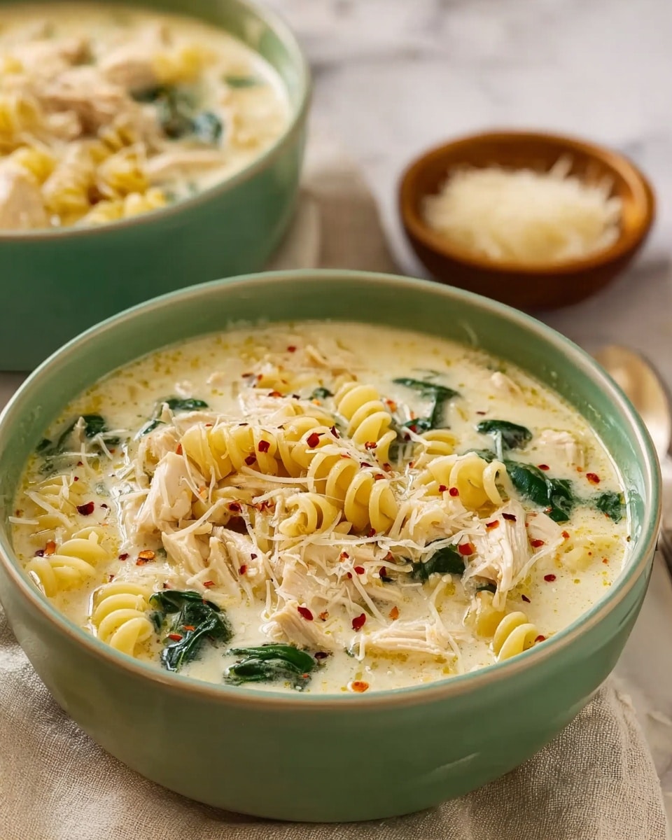 The image shows a close-up of a creamy pasta dish with three visible layers: the top layer is light yellow, curly-edged pasta with a smooth, slightly glossy texture; beneath and around the pasta are pieces of shredded light beige chicken mixed with green spinach leaves, all covered in a creamy, white sauce dotted with small bits of herbs and red pepper flakes. The sauce looks thick and smooth, blending the ingredients together. The background is a white marbled texture. photo taken with an iphone --ar 4:5 --v 7