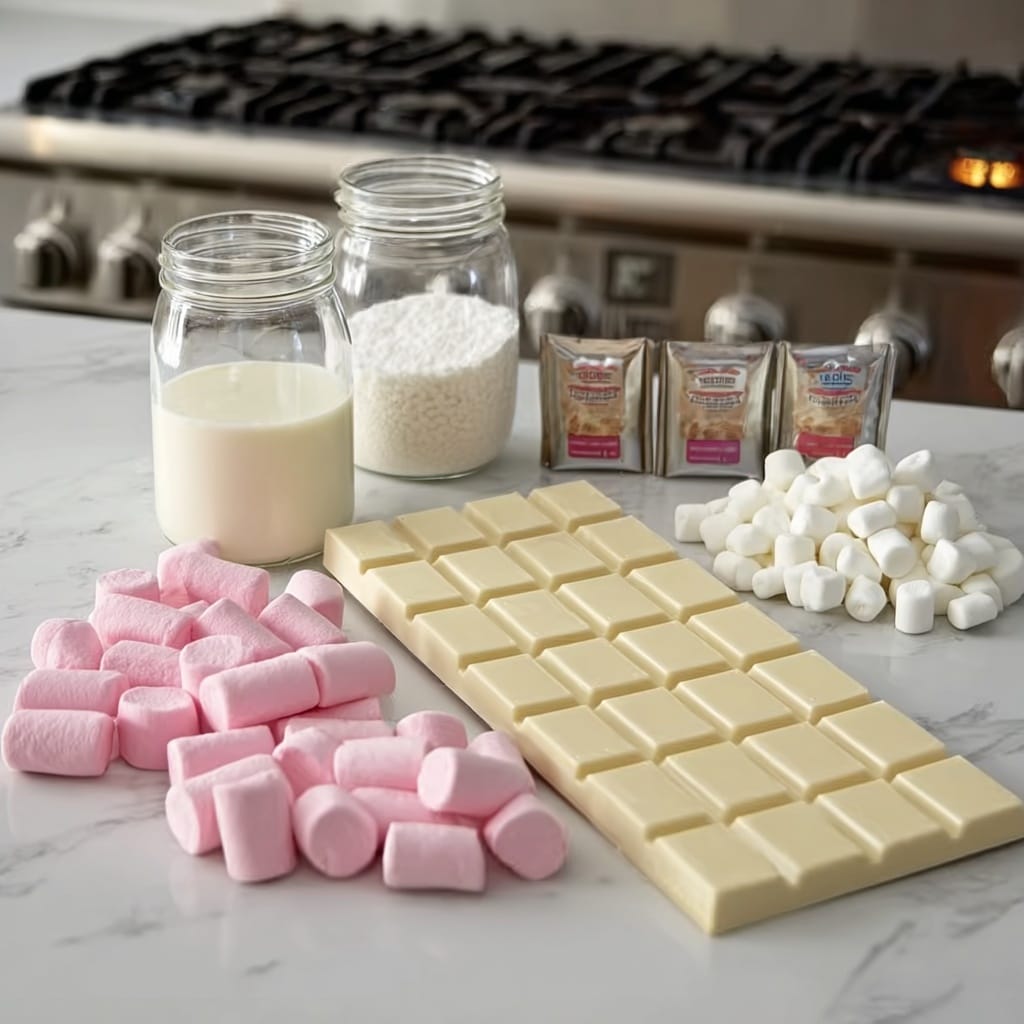 The image shows ingredients neatly arranged on a white marbled surface. In the center, there is a large rectangular bar of white chocolate with square segments. Around it, there are several small white marshmallows piled in three groups, one group is slightly off to the right, another to the left, and a third group is in the front left corner. Pink marshmallows, shaped like rounded cylinders, are placed in a neat cluster in the front center. Behind the chocolate, there is a glass jar filled with white granulated sugar, a glass jar filled with milk, and two small packets of baking powder standing upright. The background features a metal kitchen stove with black burners slightly blurred. Photo taken with an iphone --ar 4:5 --v 7