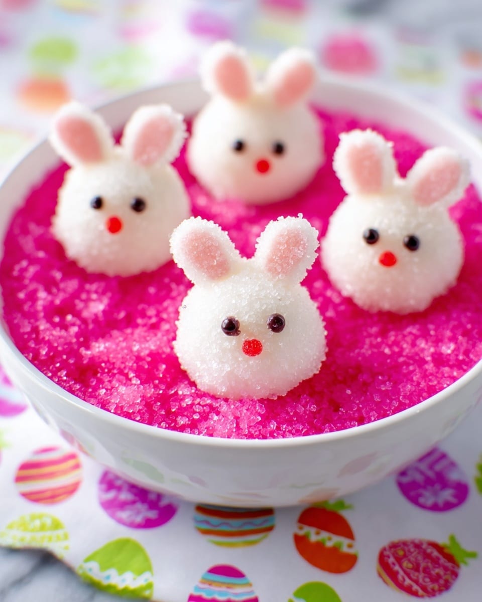 The image shows three small round white balls decorated like bunnies placed on a white marbled surface. Each ball is a smooth white sphere with two pink and white sugar ears stuck on top, two candy eyes with black centers on the front, a small round red candy for the nose, and a silver or white round candy attached at the back as a tail. Around the balls, there are small red candies, a toothpick, and a glass bowl in the background. Woman's hand is not shown in this image. Photo taken with an iphone --ar 4:5 --v 7