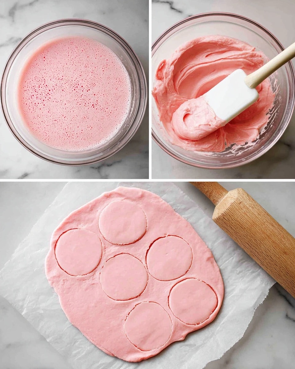 The image is divided into three parts showing stages of making pink dough. The top left shows a clear glass bowl with smooth, light pink liquid batter, dotted with small bubbles, on a white marbled surface. The top right part has a clear glass bowl filled with thick, creamy pink dough, with a white spatula with a wooden handle resting inside. The bottom part shows a rolled-out piece of pink dough on white parchment paper over a white marbled surface, with nine round shapes cut out in neat circles. A wooden rolling pin lies to the right. photo taken with an iphone --ar 4:5 --v 7