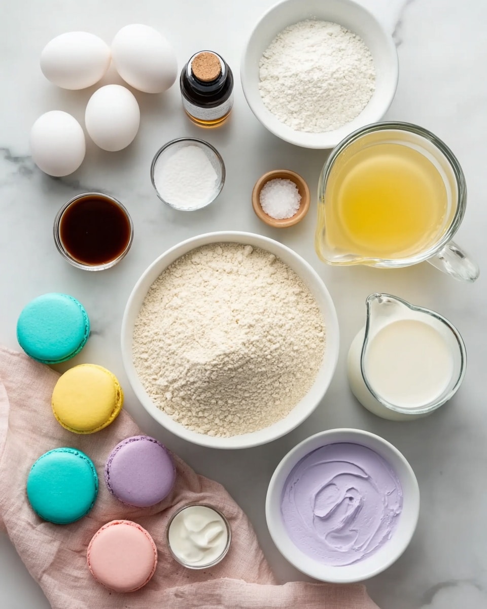 A top view of cooking ingredients arranged neatly on a white marbled surface, including three white eggs on the left, a large white bowl in the center filled with light beige flour, a small white bowl at the top containing white sugar, a small bottle of dark vanilla extract next to it, a small white bowl with dark brown liquid, a clear glass filled with white milk to the right, a clear glass pitcher with a light yellow liquid below it, a small white bowl with salt near the bottom right, a small jar and a small white bowl with light purple cream, a glass bowl with white flour on the bottom left, a white bowl with white powdered sugar, and four colorful macaron-shaped objects in yellow, turquoise, light purple, and light pink placed between the large flour bowl and the purple cream bowls, with a pale pink cloth partially visible under the glass bowls photo taken with an iphone --ar 4:5 --v 7