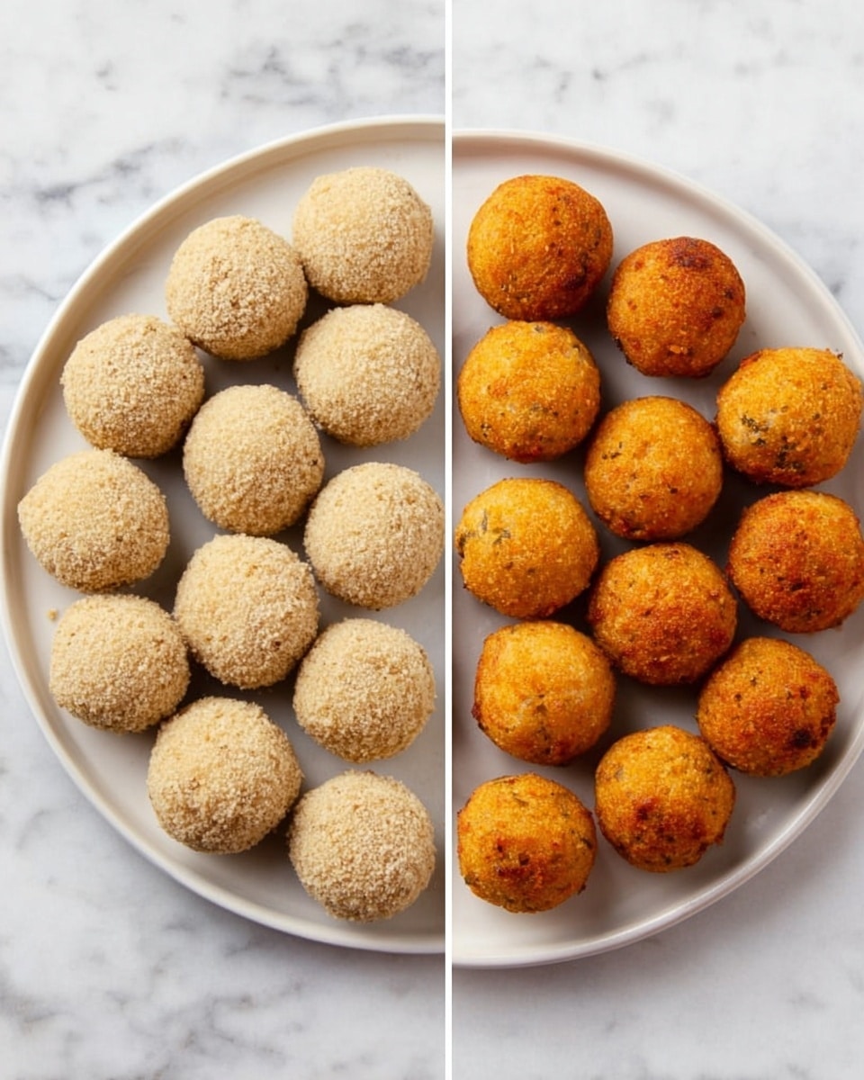 Two white plates, each filled with round balls arranged in rows on a white marbled surface. The plate on the left holds 24 beige balls with a coarse, crumbly texture that looks like uncooked breading. The plate on the right holds 24 golden brown balls with a crispy, cooked texture and slight darker spots showing they are fried or baked. Both plates are similar in size and shape. photo taken with an iphone --ar 4:5 --v 7