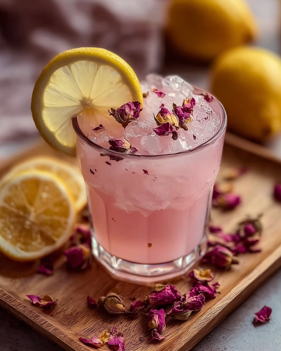 A clear glass filled with light pink drink, topped with crushed ice and small dried rose petals scattered on top. A fresh lemon slice is placed on the rim of the glass. The glass sits on a wooden tray with more lemon slices and dried rose petals scattered around. The background is softly blurred with light brown tones. Photo taken with an iphone --ar 4:5 --v 7