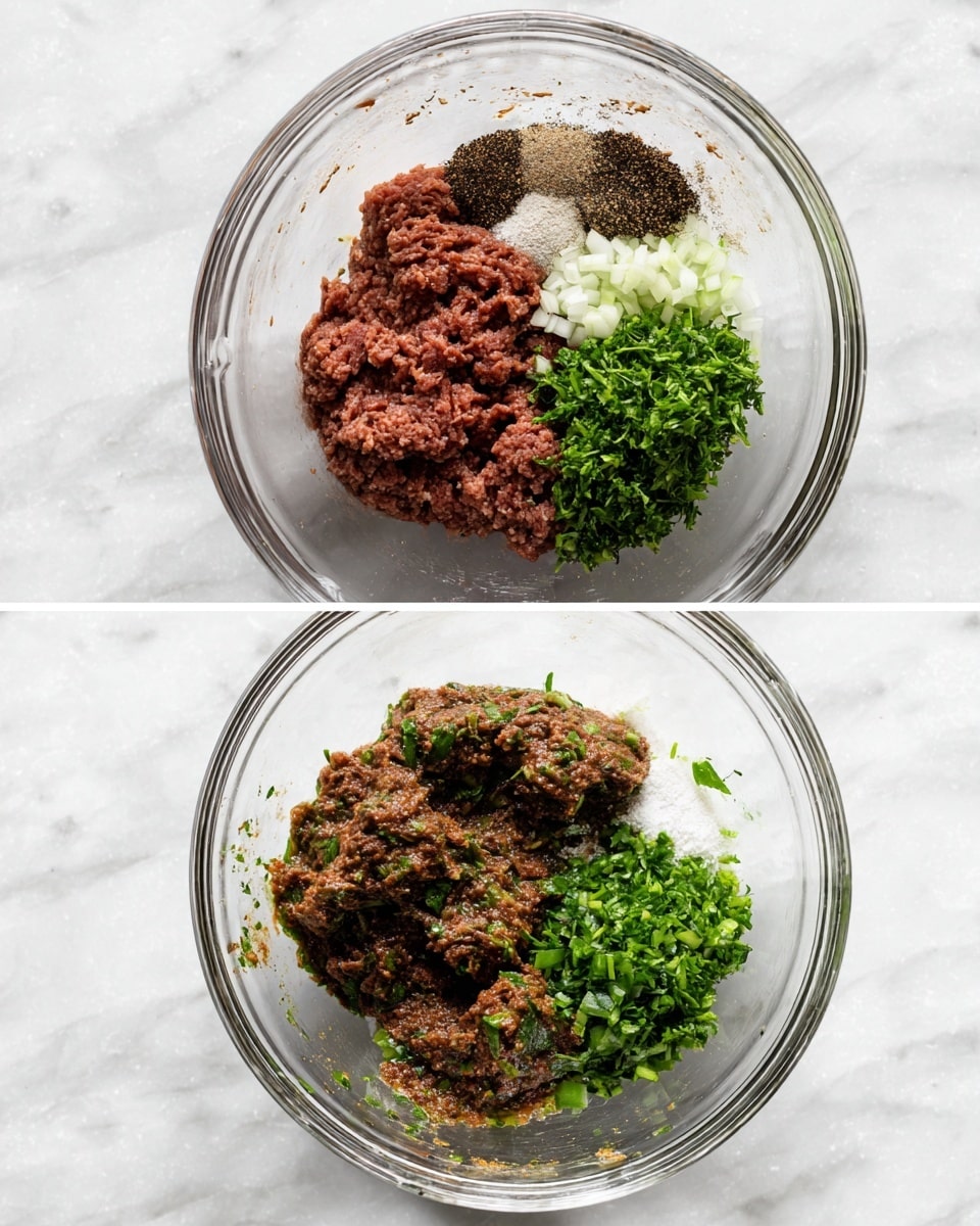 A clear glass bowl sits on a white marbled texture surface, filled with several unmixed ingredients arranged in separate sections: dark reddish ground meat in the center, bright green chopped herbs on the right, finely minced white onions next to it, dark brown spices scattered in multiple spots, black pepper, and white salt on the left side. In the second image, the same glass bowl is shown with the ingredients completely mixed into a uniform dark reddish-brown mixture speckled with green herbs, having a thick and slightly textured appearance. photo taken with an iphone --ar 4:5 --v 7