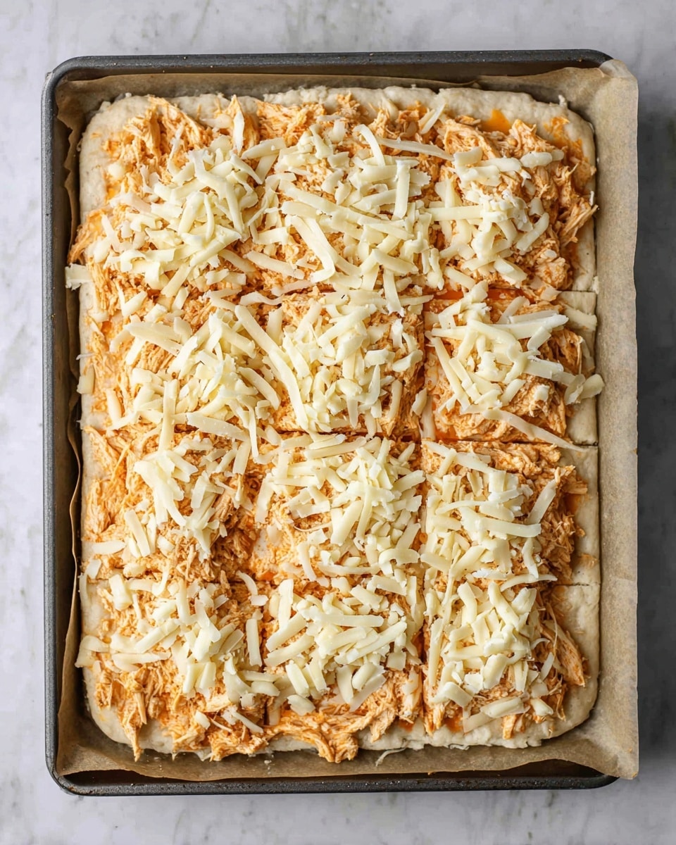 This image shows a square pizza base on a baking tray lined with parchment paper, placed on a white marbled surface. The pizza has two main layers: the bottom layer is a thick, light beige bread crust; the second layer is a spread of shredded chicken mixed with a bright orange sauce evenly covering the bread; the top layer is shredded white cheese scattered generously across the surface, partially covering the chicken. The colors mainly are light beige, orange, and white, creating a textured and layered look. photo taken with an iphone --ar 4:5 --v 7