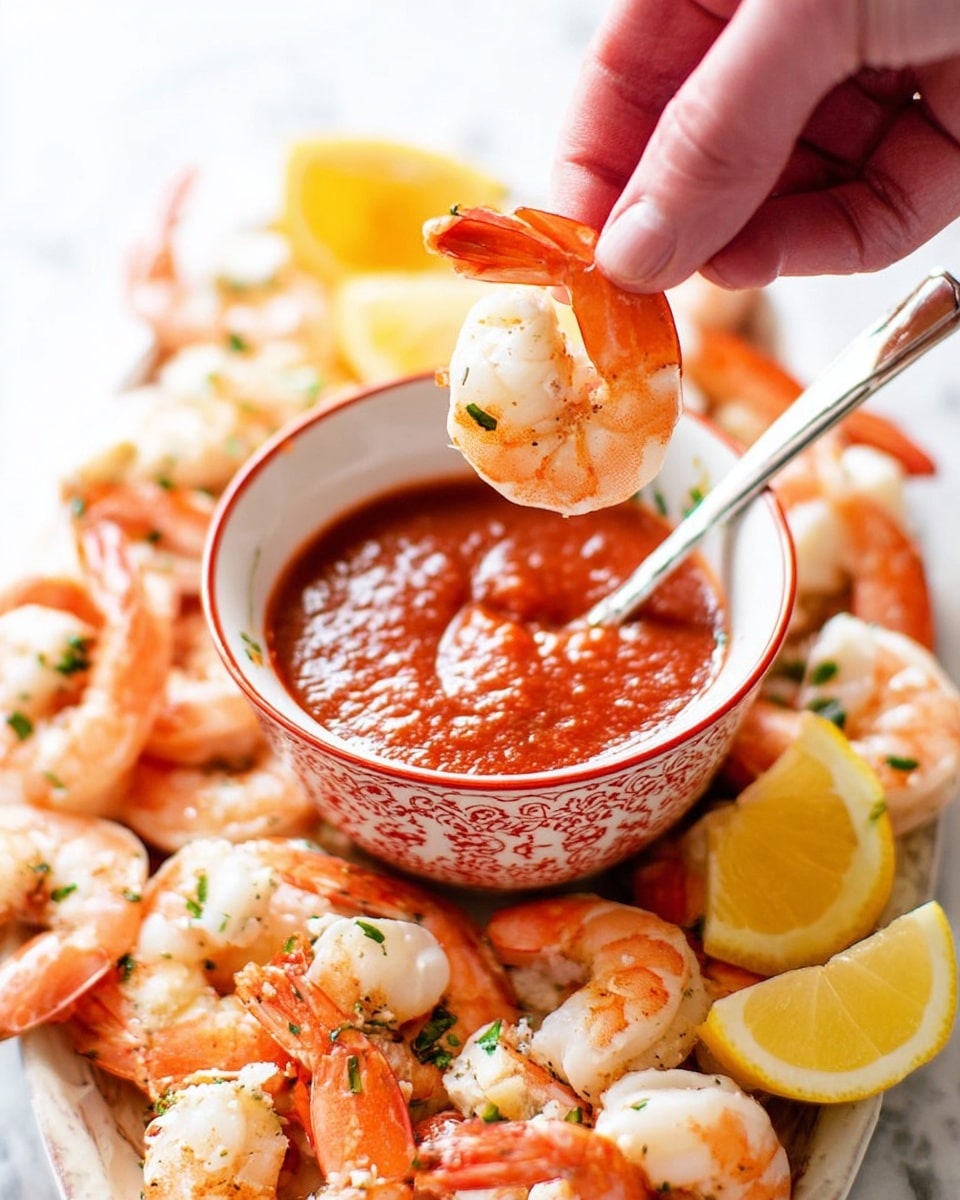 A woman's hand is holding an orange-pink shrimp by its tail, dipping it into a small white bowl with red patterns around the edges, filled with thick red cocktail sauce. The bowl has a silver spoon resting inside. Surrounding the bowl are many peeled and cooked shrimp, mostly orange and white, sprinkled with small green herb pieces. Bright yellow lemon wedges are placed at the sides on a white marbled surface. The scene is bright and fresh, showing a close-up of the shrimp and sauce. photo taken with an iphone --ar 4:5 --v 7