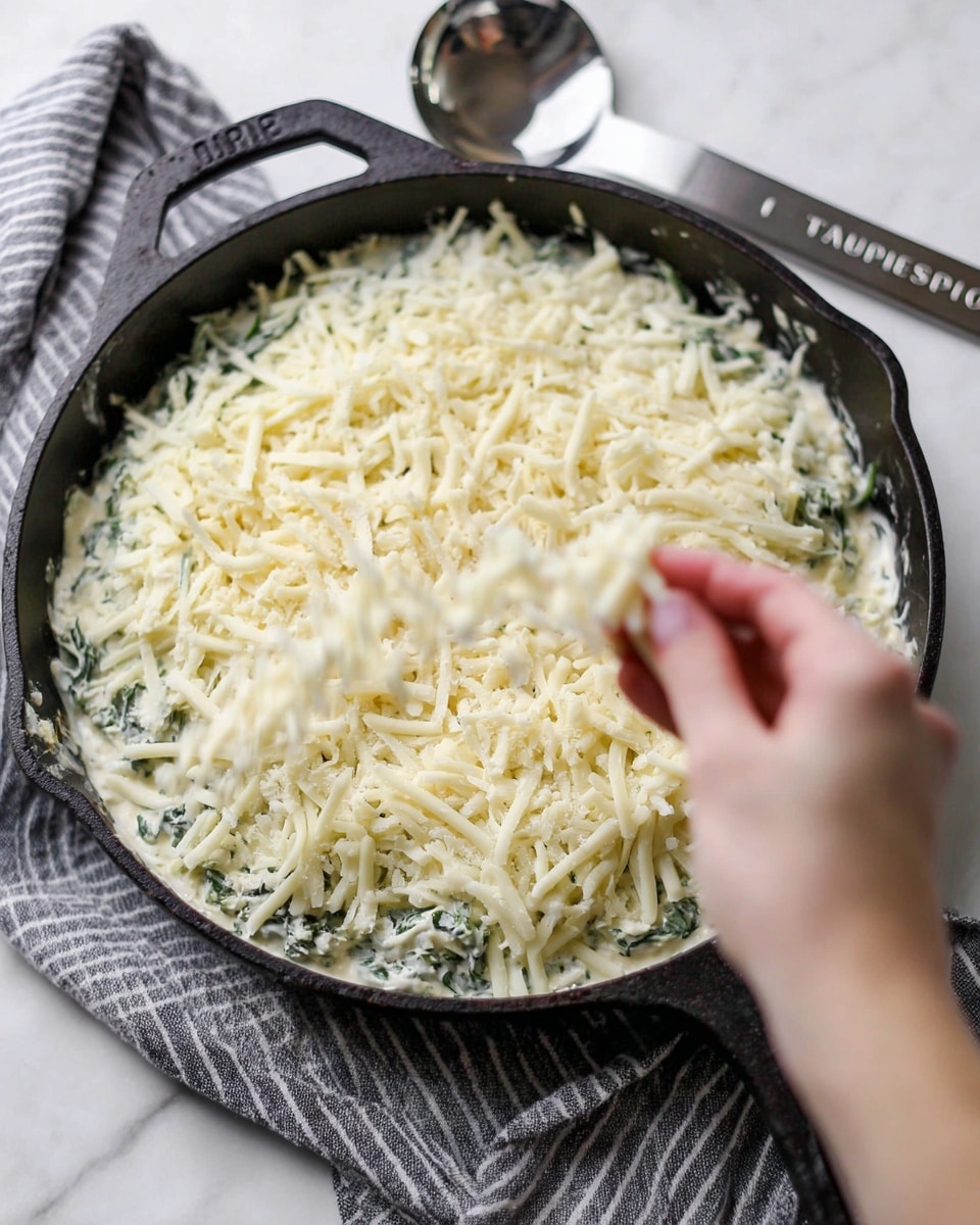 The image shows a close-up of a black cast iron pan filled with a creamy green and white mixture as the bottom layer, topped with a generous layer of shredded white cheese spread evenly on top. A woman's hand is sprinkling more shredded cheese over the pan, adding texture and detail to the top layer. The background is a white marbled surface, and below the pan, there is a gray and white striped cloth visible next to a silver measuring spoon with