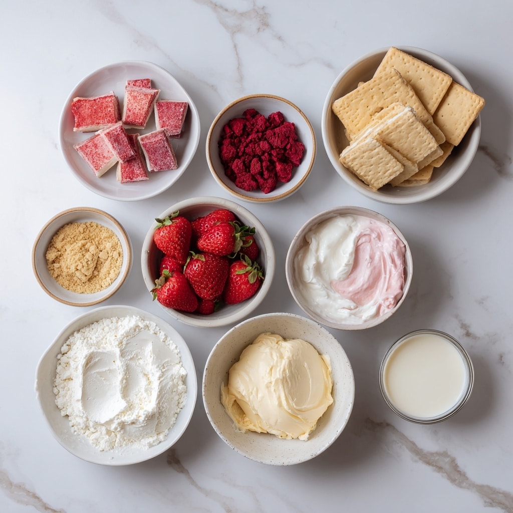 A round cake with two main layers sits on a white marble surface. The bottom layer is light beige with a smooth texture and thick crumb coating on the sides. The top layer is covered with a rough, pink crumb topping that looks like crushed freeze-dried strawberries. On top of the cake, fresh strawberries, some whole and some cut in half, are arranged in a circle near the edge. In the background, there is a white bowl filled with the same crumb topping. The whole scene is softly lit, with natural shadows and a cozy feel. Photo taken with an iphone --ar 4:5 --v 7