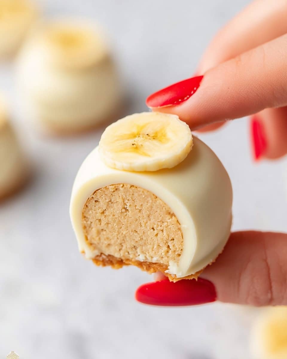 A close-up view of a small, round dessert held by a woman's hand with painted red nails, showing two layers: an inner light beige creamy filling with a slightly crumbly texture, and an outer smooth white chocolate coating surrounding it completely; on top rests a thin, round slice of banana with a pale yellow color and subtle brown spots. The background is a white marbled texture with a blurred similar dessert piece visible in the distance, photo taken with an iphone --ar 4:5 --v 7