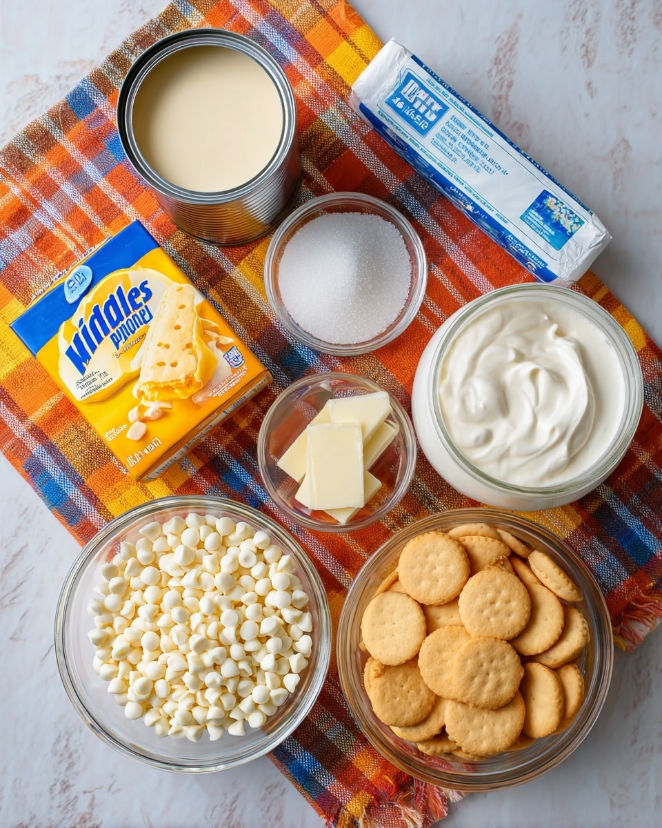 The image shows a white marbled surface with six different ingredients arranged neatly. At the top left, there is a can of sweetened condensed milk filled with light creamy liquid, a small clear glass bowl of white sugar next to it, and a stick of butter wrapped in white and blue paper on the top right. Below, a box of yellow and orange labeled banana pudding mix sits on the left side, a tall glass jar filled with smooth white marshmallow cream is next to it, a large clear bowl full of tiny white chocolate chips is centered in the bottom half, and to the right, a clear glass bowl filled with round golden brown Nilla wafers rests on a colorful blue, orange and yellow plaid cloth. Photo taken with an iphone --ar 4:5 --v 7
