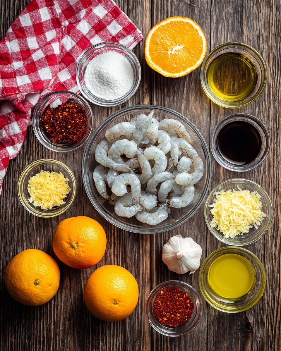 A flat lay image showing various ingredients neatly arranged on a dark wooden surface with a red and white checkered cloth in the top left corner. In the center bottom is a clear white bowl filled with raw grayish shrimp with curved shapes. Surrounding it are small clear bowls containing white powder, golden yellow oil, minced garlic, dark brown liquid, crushed red flakes, and a yellow-orange liquid. There are also two whole bright orange oranges, one halved orange showing the juicy inside, one half orange with grated orange zest nearby, and a whole garlic bulb. Everything is spaced evenly and clearly visible. Photo taken with an iphone --ar 4:5 --v 7