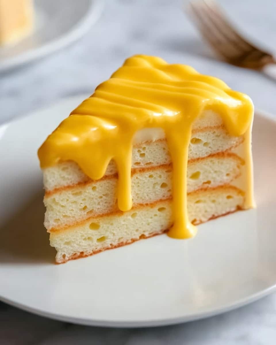 A slice of soft rice cake with three visible layers is shown on a white plate. Between the layers is a smooth, shiny yellow sauce that also covers the top, thickly dripping down the sides in rounded waves. The rice cake layers appear moist and slightly sponge-like with small holes. The plate sits on a white marbled surface, and in the background, there is a blurred fork. Photo taken with an iphone --ar 4:5 --v 7