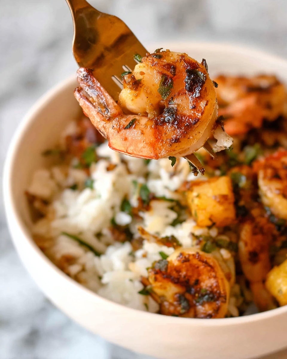 A white bowl filled with a mix of grilled shrimp, small golden brown diced pieces, and white rice topped with bits of green herbs, showing a close-up of a fork holding a grilled shrimp with some white rice and the golden pieces with herbs on it. The shrimp has a slightly charred texture with a pinkish-orange color. The background is a white marbled texture. photo taken with an iphone --ar 4:5 --v 7
