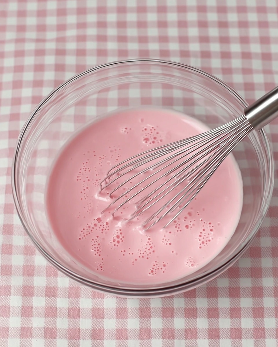 A clear glass bowl is placed on a white marbled surface, filled with a smooth, light pink liquid that has small bubbles on the surface. A metal whisk with thin wires is partially submerged in the pink mixture, creating gentle swirls and some small splashes. The background shows a soft pink and white checkered pattern, adding a light and cozy feel to the scene. photo taken with an iphone --ar 4:5 --v 7