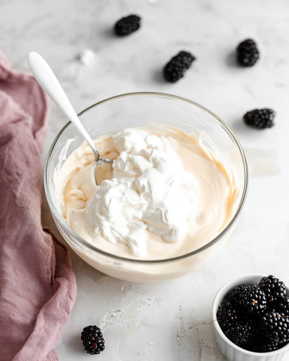 A clear glass bowl filled with a light beige creamy mixture that has several large dollops of white whipped cream on the top layer, with a white spoon resting inside the bowl. The bowl is placed on a white marbled surface, surrounded by scattered blackberries and a small white bowl full of blackberries on the bottom right. A soft pink cloth is draped to the left side of the bowl, adding a subtle color contrast. Photo taken with an iphone --ar 4:5 --v 7