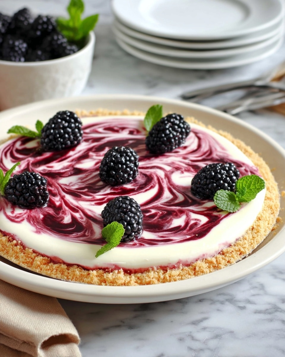A close-up view of a creamy white cheesecake sitting in a white pie dish with a crumbly golden crust on the bottom and edges. On top, a thick layer of white cream is swirled with bright red berry sauce, creating a marbled pattern. Fresh blackberries and small green mint leaves are placed on top, adding texture and color contrasts. One slice is missing, showing the smooth and dense texture of the cheesecake inside. In the background, a white bowl filled with more blackberries sits on a white marbled surface. The photo is bright and clear, taken with an iphone --ar 4:5 --v 7