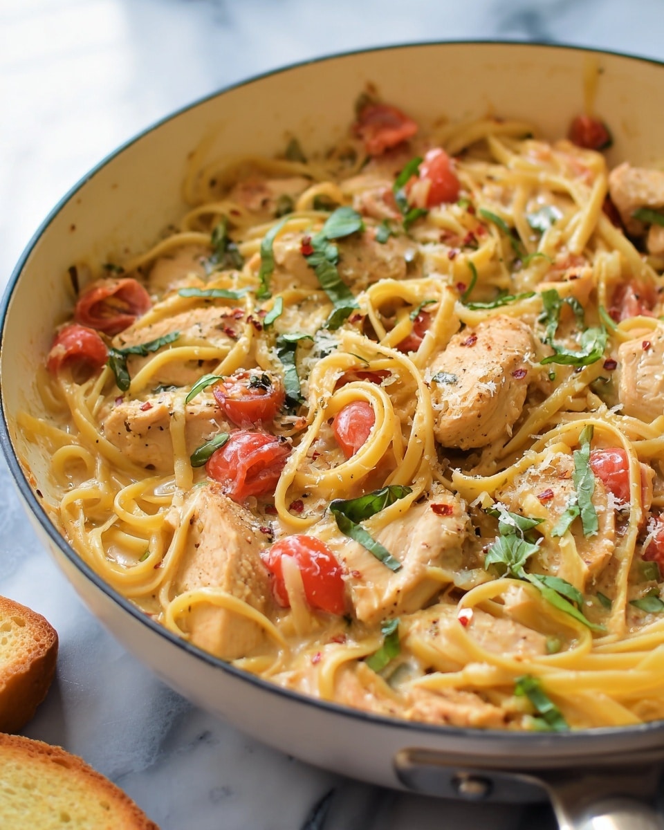 This dish shows a white pan filled with a creamy pasta mix. Inside, there are thick yellow spaghetti noodles tangled with light brown, tender chicken pieces. The sauce is smooth and light beige, covering the pasta and chicken evenly. Bright red, small tomato chunks are scattered all over, adding color. Thin strips and small pieces of fresh green basil leaves are spread on top, giving a fresh touch. Some grated cheese and red chili flakes are sprinkled softly across the dish. The pan is set on a white marbled surface, and there is a piece of toasted bread partially visible near the bottom edge. photo taken with an iphone --ar 4:5 --v 7