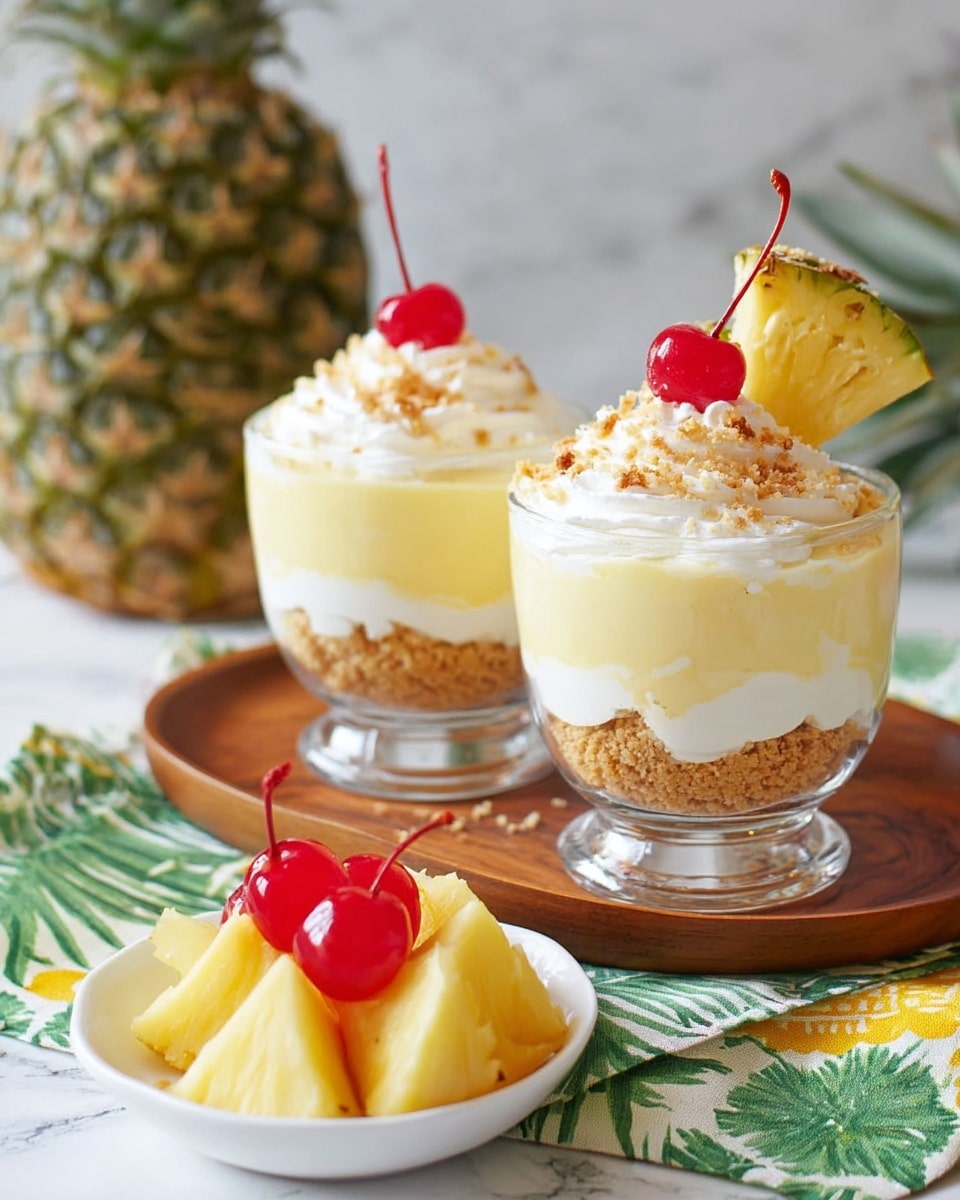 Two glass dessert cups each have three layers, placed on a wooden board with green and yellow patterned cloths. The bottom layer is crumbly and beige. The middle layer is smooth and light yellow, filling most of the cup. The top layer is white whipped cream with small crumbs sprinkled on it. A red cherry with a stem and a wedge of pineapple with green edges are placed on the whipped cream of each cup. In front, there is a white bowl with three triangular pineapple slices and two cherries. A whole pineapple with green leaves is in the blurry background on a white marbled surface. Photo taken with an iphone --ar 4:5 --v 7