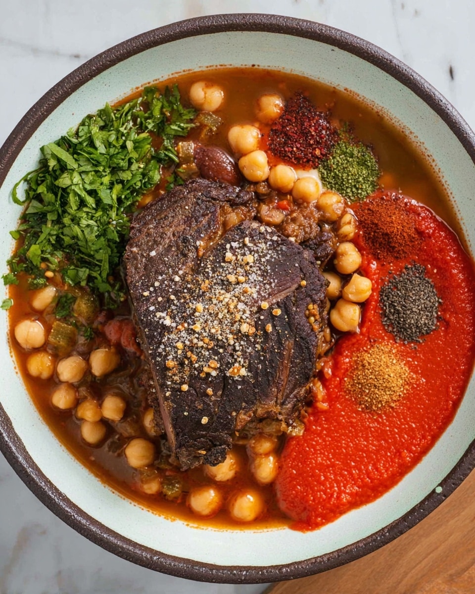 A white bowl with a dark rim holds a rich stew, centered with a large piece of dark brown cooked meat sprinkled with coarse salt and pepper. Surrounding the meat are chickpeas in a light brown broth, fresh chopped green herbs positioned to the left, a pile of bright red sauce smoothly spread on the right, and several small piles of spices including dark brown, bright red, and greenish colors around the top edge of the meat. The bowl is set on a white marbled surface. photo taken with an iphone --ar 4:5 --v 7