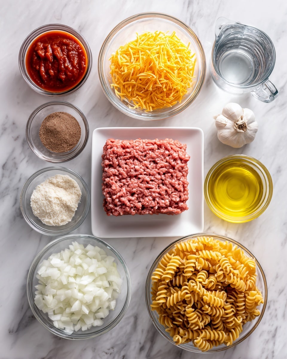 The image shows a white marbled surface with several glass and white containers arranged neatly. In the center, there is a white square plate holding a pink block of ground meat. Above and slightly to the right of it, a clear glass bowl is filled with yellow shredded cheese. Next to the cheese, a small glass bowl with bright yellow oil sits to the right. Further right, there is a glass measuring cup with clear water. On the bottom left, a glass bowl contains chopped white onions, and just above it, a smaller round glass bowl is filled with a powdery brown spice. Above the spice, two glasses are filled with dark red tomato sauce, stacked one slightly behind the other. A small glass bowl with finely chopped garlic sits between the onion and the spice. To the right of the meat, a large clear glass bowl holds yellow dry rotini pasta. The setup is clean and organized, all placed on a white marbled textured surface. photo taken with an iphone --ar 4:5 --v 7