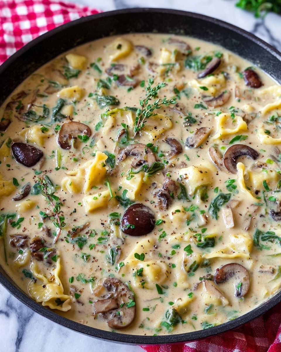 The image shows a close-up of a creamy soup in a black skillet, filled with small pieces of mushrooms, fresh green herbs, and pasta shapes. The soup looks thick and light beige in color with specks of black pepper scattered around. The mushrooms are a dark brown shade and cut into chunks, while the green herbs are finely chopped and spread evenly across the soup, adding a fresh look. The pasta pieces are yellowish and soft, sitting in the soup’s creamy liquid. A few sprigs of fresh thyme are placed on top as garnish. The skillet rests on a white marbled surface with a red and white checkered cloth barely visible underneath. Photo taken with an iphone --ar 4:5 --v 7