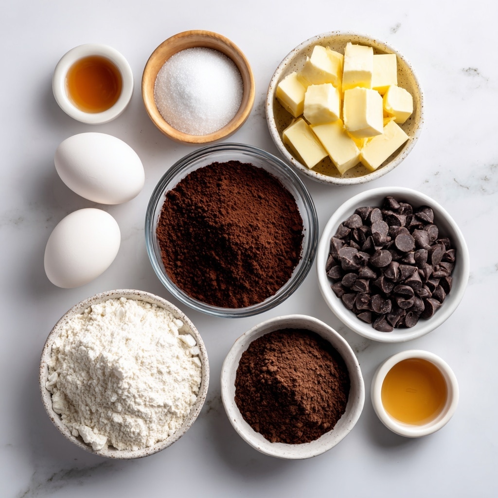 The image shows multiple ingredients arranged neatly on a white marbled surface. At the bottom center is a clear round glass bowl filled with dark brown cocoa powder. To its left is a small white bowl filled with light granulated sugar, and beside it on the far left is a small white bowl holding one whole white egg. To the right of the cocoa powder is a white speckled bowl overflowing with white all-purpose flour. Above the cocoa powder, slightly to the right, is a small black bowl filled with small yellow cubes of salted butter. Next to that, on the far right, is a white bowl packed with dark semi-sweet chocolate chips. Above the butter and chocolate chips are three small white bowls: one with light brown vanilla liquid, one with white baking powder, and one with white baking soda. Above the granulated sugar, on the left, is a small wooden bowl filled with light brown sugar. Above the brown sugar and close to the center is a small white bowl with dark brown espresso powder. The ingredients are organized to show a clear view of texture and color contrasts. photo taken with an iphone --ar 4:5 --v 7