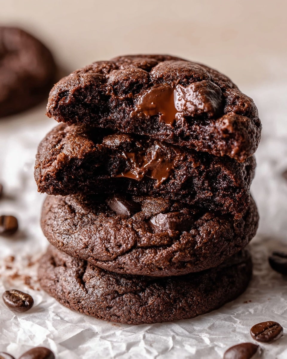 A stack of three thick, dark chocolate cookies sits on crinkled white parchment paper over a white marbled surface, with the top cookie broken in half to show melted chocolate chunks inside. The cookies have a rich, textured surface with visible chocolate chips melted and glistening in dark brown shades. Scattered coffee beans surround the stack, adding a touch of dark brown contrast. The focus is close and centered on the cookies, showing their soft, dense texture clearly. Photo taken with an iphone --ar 4:5 --v 7