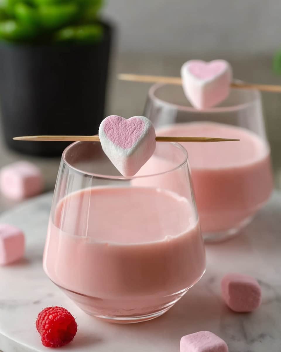 Two clear, wide, stemmed glasses filled with smooth, light pink creamy liquid are placed on a white marbled surface. Each glass has a thin wooden skewer balanced across the top with a soft pink and white heart-shaped marshmallow pierced in the center. Around the glasses, there are scattered small pink marshmallows and a small red raspberry near the front. The background is softly blurred with a black pot holding a green plant visible. Photo taken with an iphone --ar 4:5 --v 7