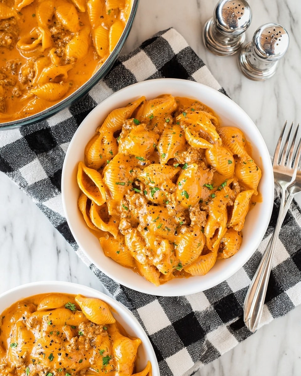 A white bowl filled with shell pasta covered in creamy orange sauce mixed with ground meat and small green herb pieces on top, creating a rich, smooth texture with bits of pepper visible. Nearby, part of a white bowl with the same pasta sits on a black and white checkered cloth, with two silver forks beside it. A salt and pepper shaker set sits on the white marbled surface next to the cloth. In the top left corner, part of a pot with more sauce and pasta is visible. The scene is bright and inviting. photo taken with an iphone --ar 4:5 --v 7