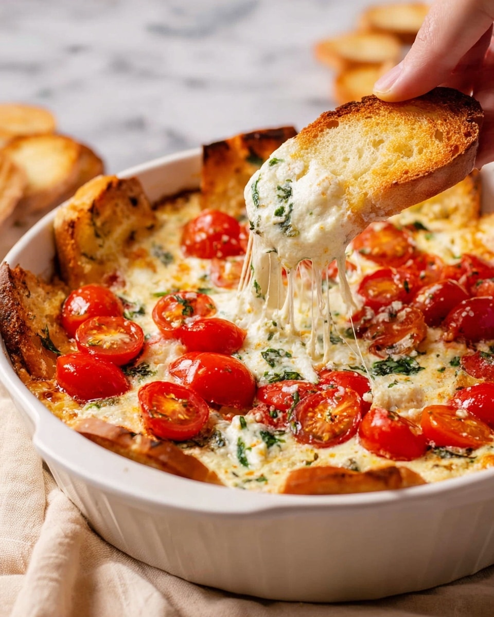 A white deep dish filled with creamy, melted cheese mixed with green herbs as the first layer, topped with bright red halved cherry tomatoes scattered evenly, and golden toasted bread slices layered on top and around the edges. A woman's hand is lifting one toasted bread slice, pulling strings of stretchy cheese, showing a rich and gooey texture. The dish is set on a white marbled surface with a soft beige cloth visible under the dish. photo taken with an iphone --ar 4:5 --v 7