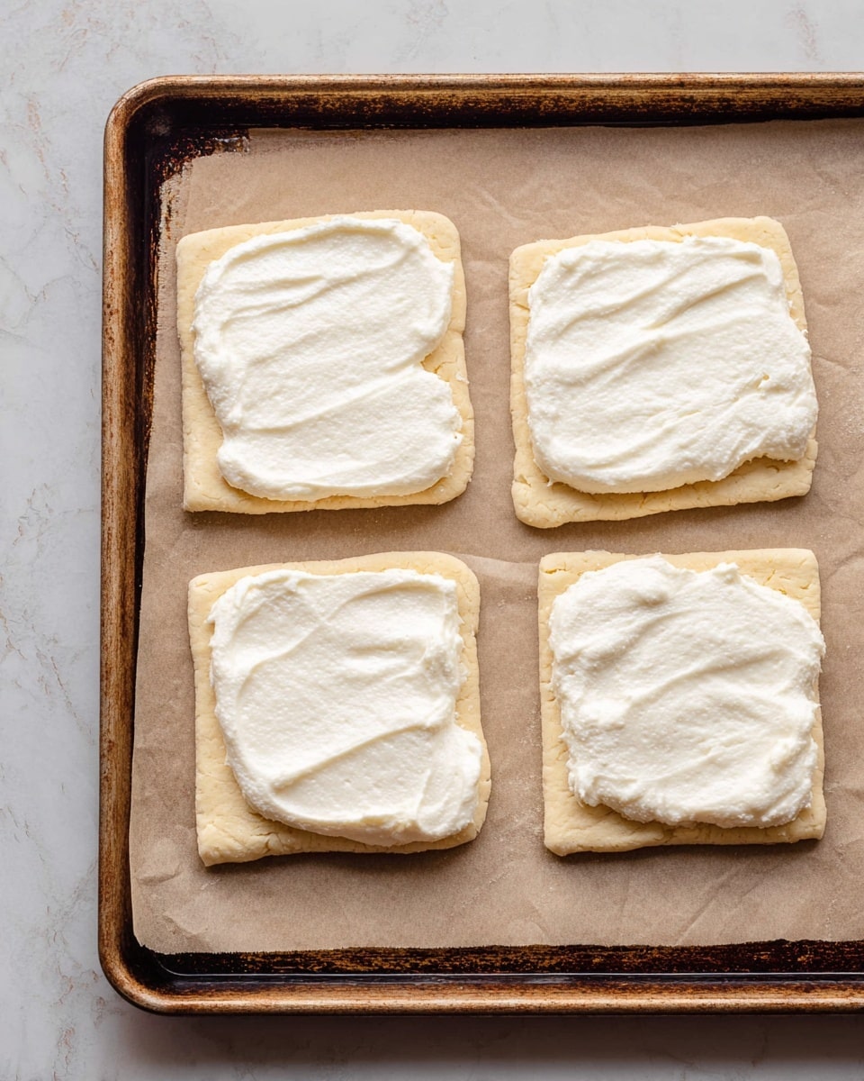 The image shows four squares of light yellow dough placed on a baking tray lined with parchment paper on a white marbled surface. Each dough square has one layer made of thick, creamy white spread, evenly smoothed over the surface. The dough looks soft and slightly flaky with a matte texture. The arrangement is neat, and the baking tray shows a worn metallic brown edge. Photo taken with an iphone --ar 4:5 --v 7