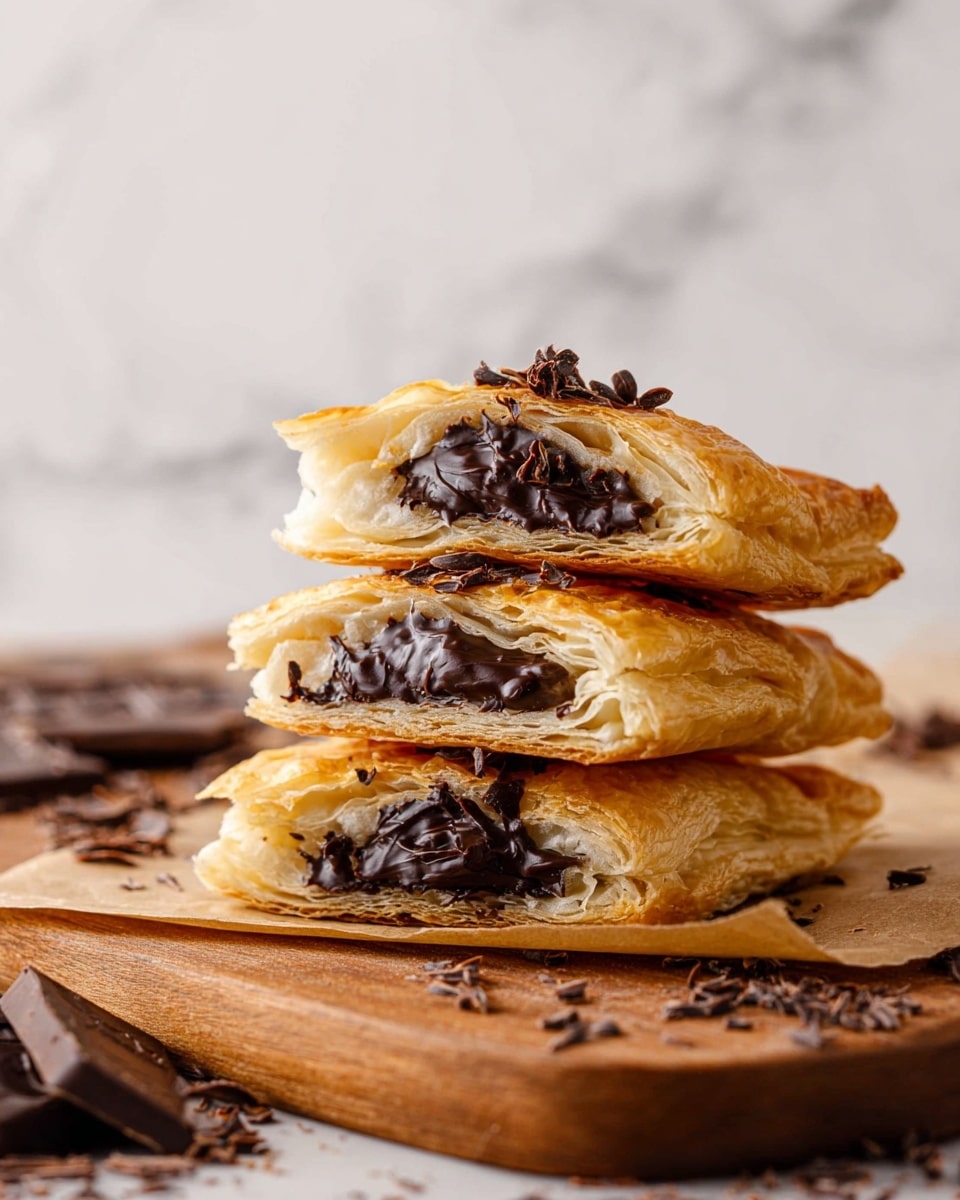 The image shows three layers of a flaky golden-brown pastry stacked on top of each other, with the top pastry piece broken open to reveal a rich, dark chocolate filling. The filling looks smooth and shiny, topped with small dark chocolate curls. The pastry layers are thick with clear, crispy texture and the edges are slightly puffed. The stack sits on a piece of brown parchment paper on a wooden board, with some chocolate curls scattered around. The background features a white marbled texture. Photo taken with an iphone --ar 4:5 --v 7