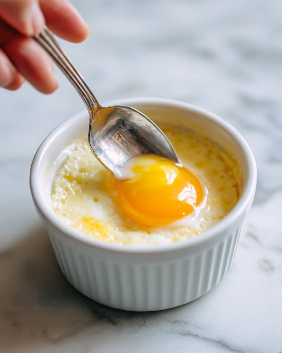 A white plate with a raised floral pattern holds a smooth, round mound of pale yellow creamy pudding sitting in the center. Above the pudding, a woman's hand holds a spoon filled with dark reddish-purple jam, hovering just about to be placed on top of the pudding. The plate rests on a white marbled surface. photo taken with an iphone --ar 4:5 --v 7