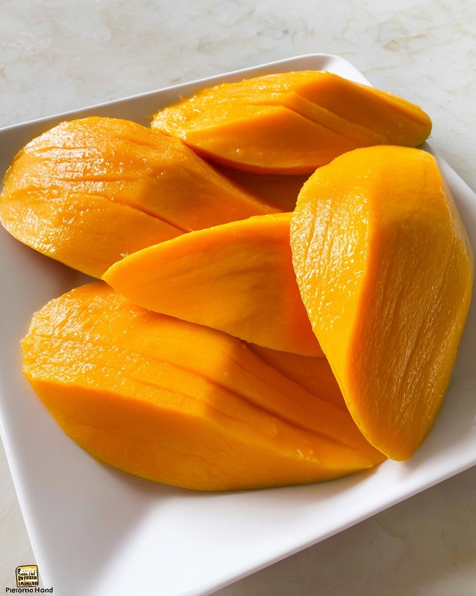 The image shows a white square plate filled with five large pieces of bright orange mango flesh arranged in a layered way, four whole slices lying flat and one standing up on the right side showing its smooth, shiny texture. The mango pieces have a glossy surface with soft ridges and a fresh, juicy look. The plate sits on a white marbled surface. photo taken with an iphone --ar 4:5 --v 7