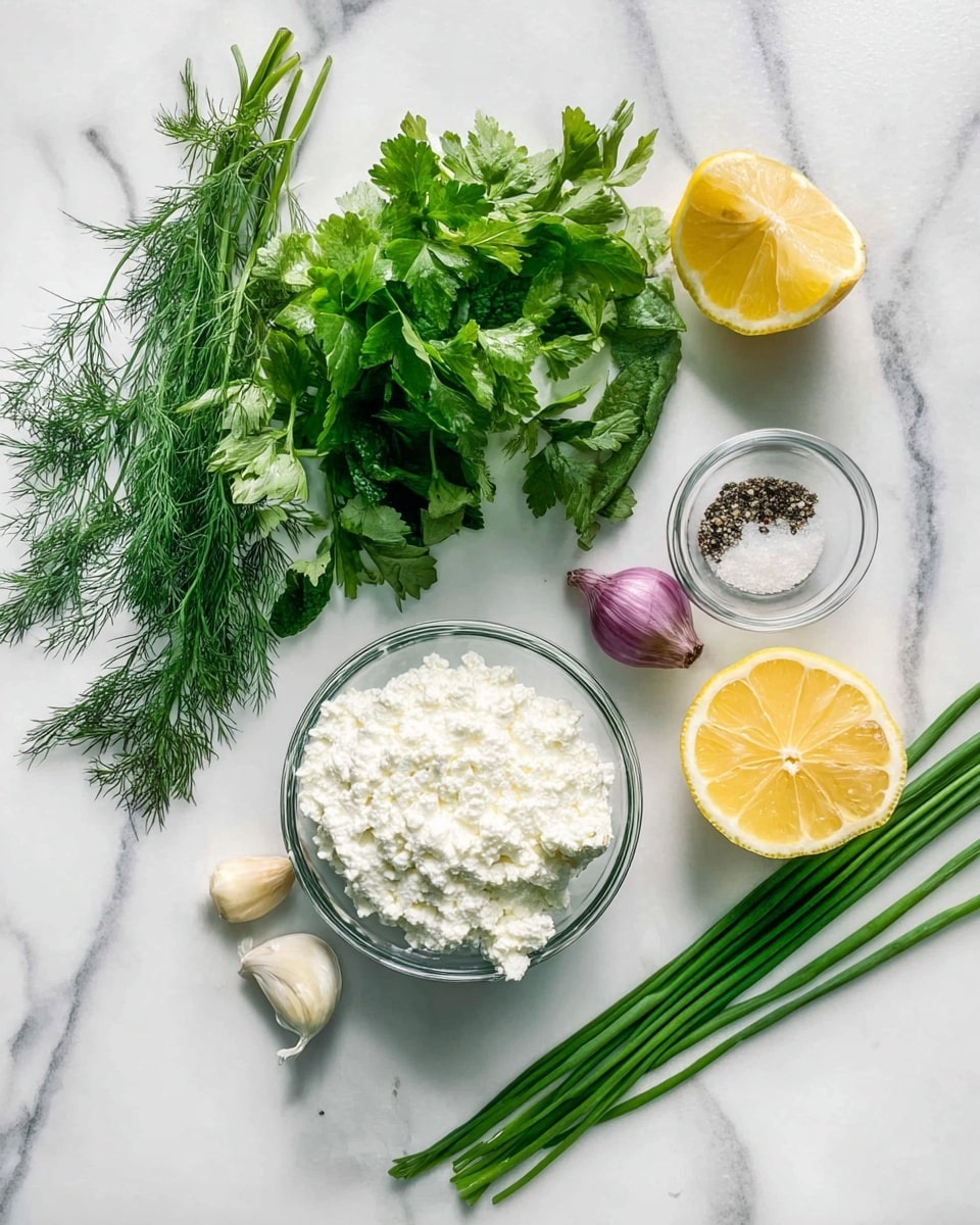 The image shows several cooking ingredients arranged on a white marbled surface. In the top left, there is a clear glass bowl filled with fresh green herbs like cilantro, basil, and dill, showing different shades of green with leafy and feathery textures. To the right, scattered on the surface, are long green chives, a small purple shallot, and two peeled garlic cloves with smooth off-white surfaces. Near the bottom center, there is a clear glass bowl filled with white cottage cheese, showing a soft, lumpy texture. To the right of the cottage cheese, there are two lemon halves with bright yellow, juicy interiors facing up. At the far right, a small clear bowl holds salt and black pepper, visibly coarse and grainy. The whole setup looks fresh and neatly arranged on the white marbled background photo taken with an iphone --ar 4:5 --v 7