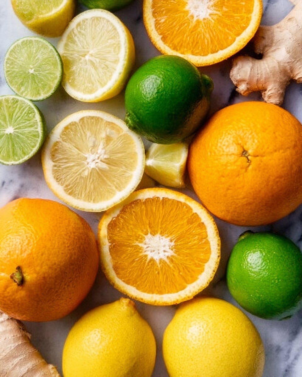 The image shows a mix of whole and sliced citrus fruits scattered on a white marbled surface. There are bright green limes, some whole and some cut in half showing juicy, pale green flesh, alongside yellow lemons with smooth skin, also whole and sliced to show their juicy yellow interior. There are large, round oranges, some whole and others sliced in half, revealing a bright orange interior with a slightly textured surface. A piece of light tan ginger root with a rough texture is placed among the citrus fruits, adding contrast to the bright colors. The arrangement is casual, with the fruits overlapping slightly. photo taken with an iphone --ar 4:5 --v 7