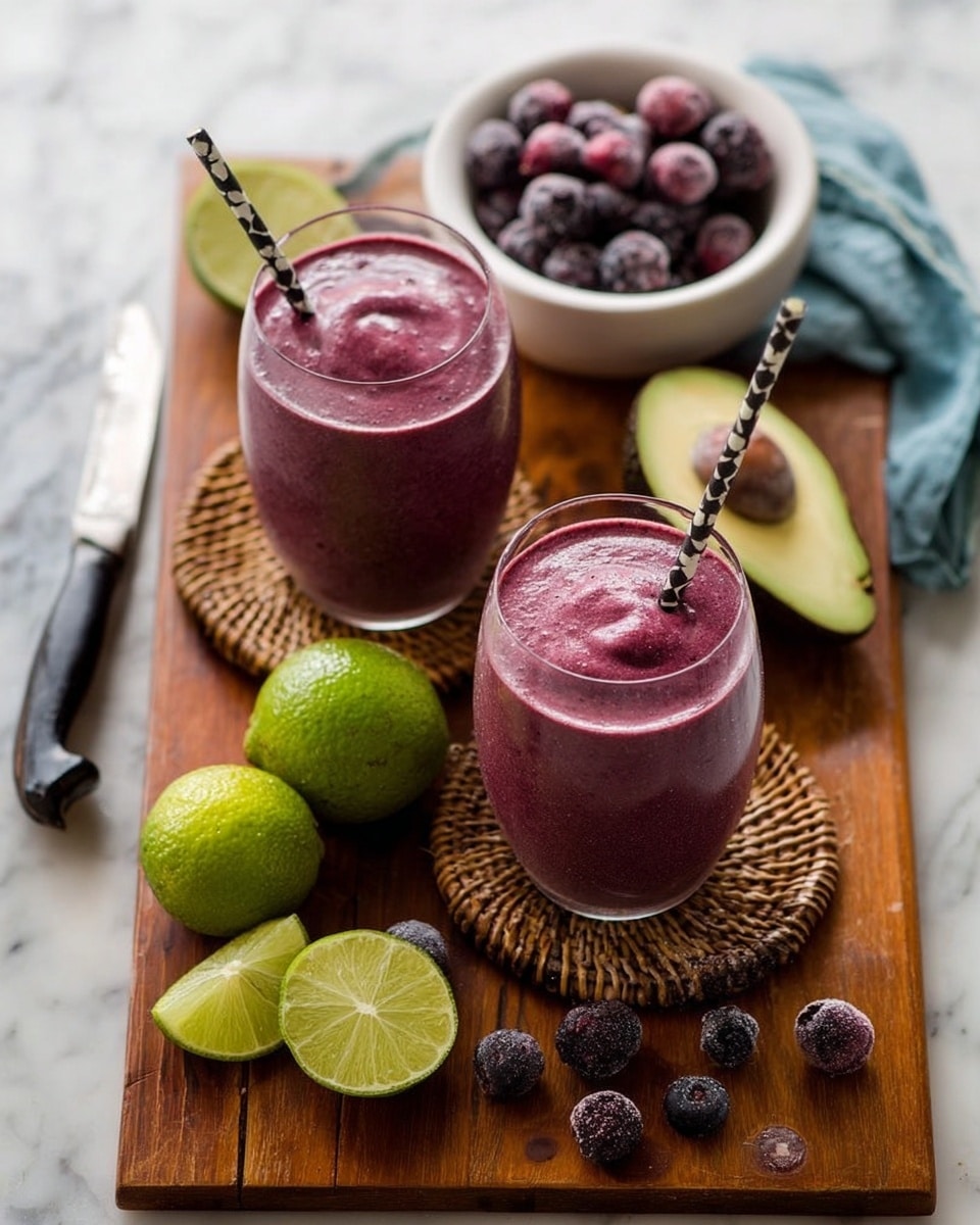 Two glasses filled with thick purple smoothie sit on small woven mats on a wooden board. Each glass has a black and white striped straw. Around the glasses, there are two whole green limes, one lime cut in half with juice squeezed out, a dark brown avocado with one half showing its green flesh and large seed, and a white bowl full of dark frozen berries. Some frozen berries rest loose on the wooden board near a black-handled knife. The whole scene is set on a white marbled surface. photo taken with an iphone --ar 4:5 --v 7