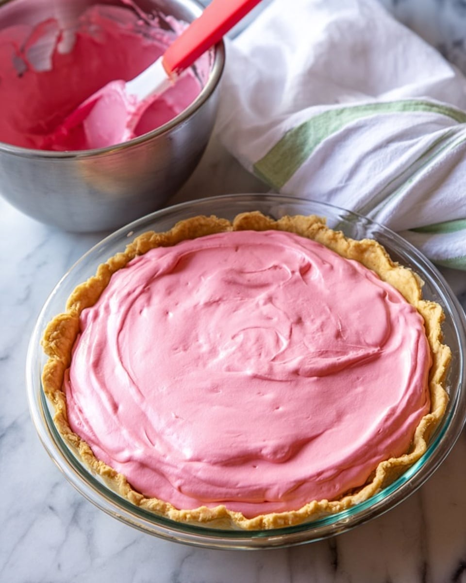 A clear glass pie dish holds a golden brown crust filled with a smooth, bright pink cream filling spread evenly inside. Behind it, a shiny metal bowl contains more of the pink cream with a red silicone spatula resting inside. The scene is set on a white marbled surface with a white towel and a white towel with green stripes nearby. The lighting is natural, highlighting the creamy texture and crust details. photo taken with an iphone --ar 4:5 --v 7
