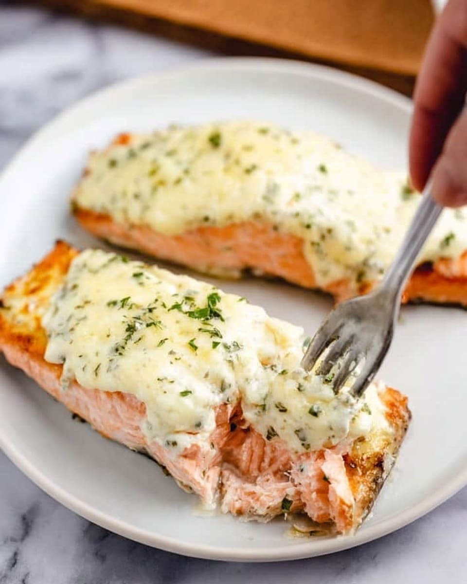 Two long, raw salmon fillets with bright orange skin are placed side by side on a dark metal tray. Each fillet is topped with a thick layer of light, fluffy white shredded topping, covering the entire surface but leaving the edges of the salmon visible. The texture of the topping looks soft and slightly uneven. The tray rests on a white marbled surface. Photo taken with an iphone --ar 4:5 --v 7
